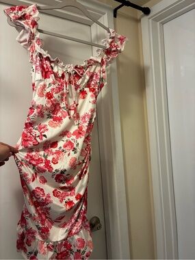 White and Pink Floral Patterned Stretchy Off the Shoulder Summer Dress Wedding